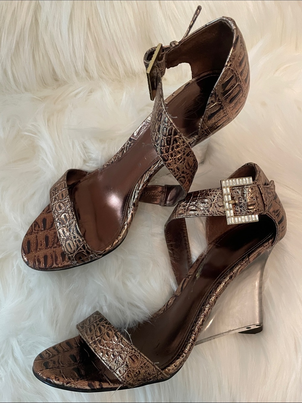 Baby Phat - Bronze Croc-Embossed Acrylic Wedge Heels with Rhinestone Buckle -Sz7